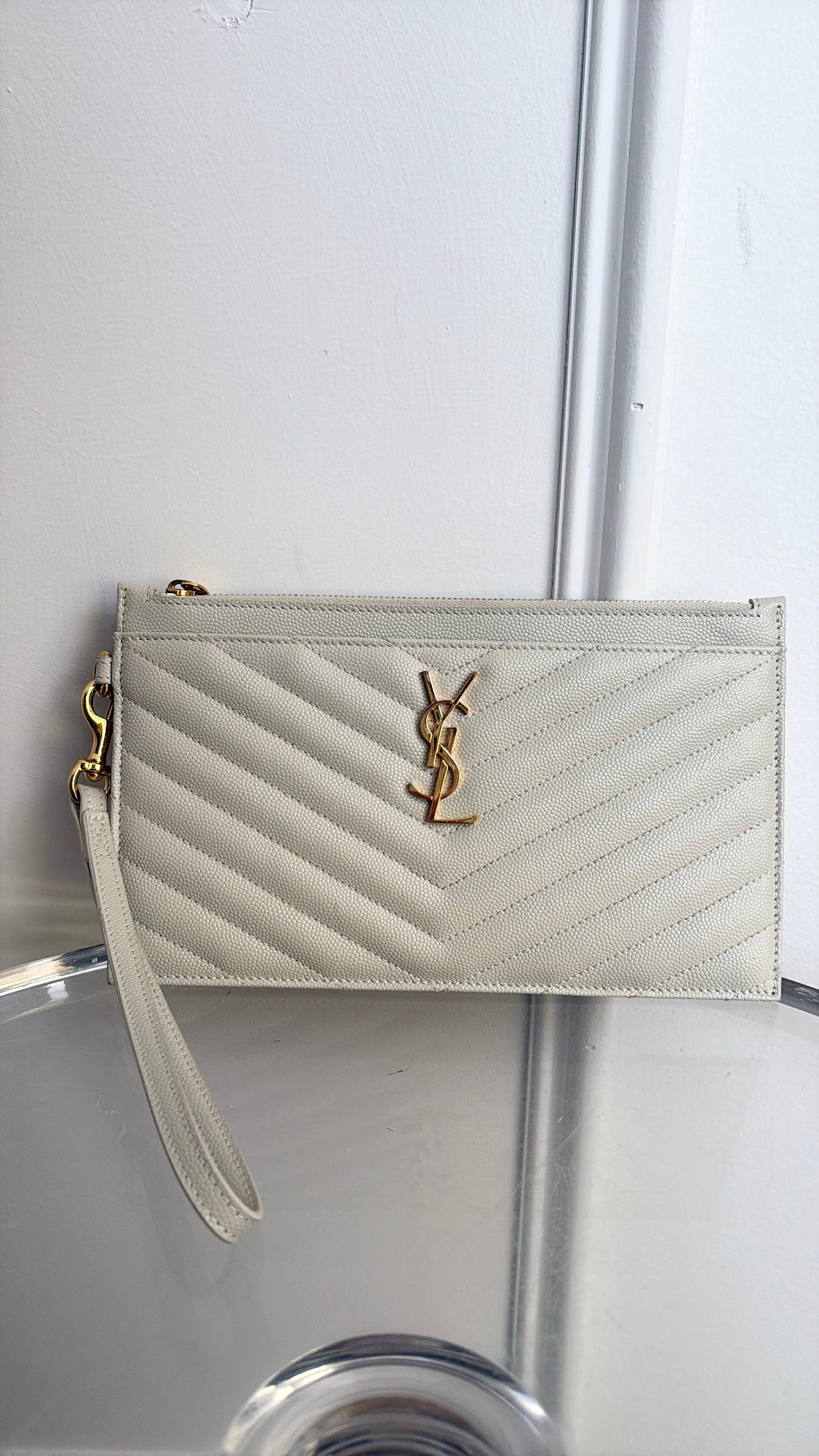 Saint Laurent Cream Grained Leather Logo Wristlet Pouch