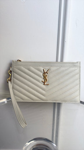 Saint Laurent Cream Grained Leather Logo Wristlet Pouch