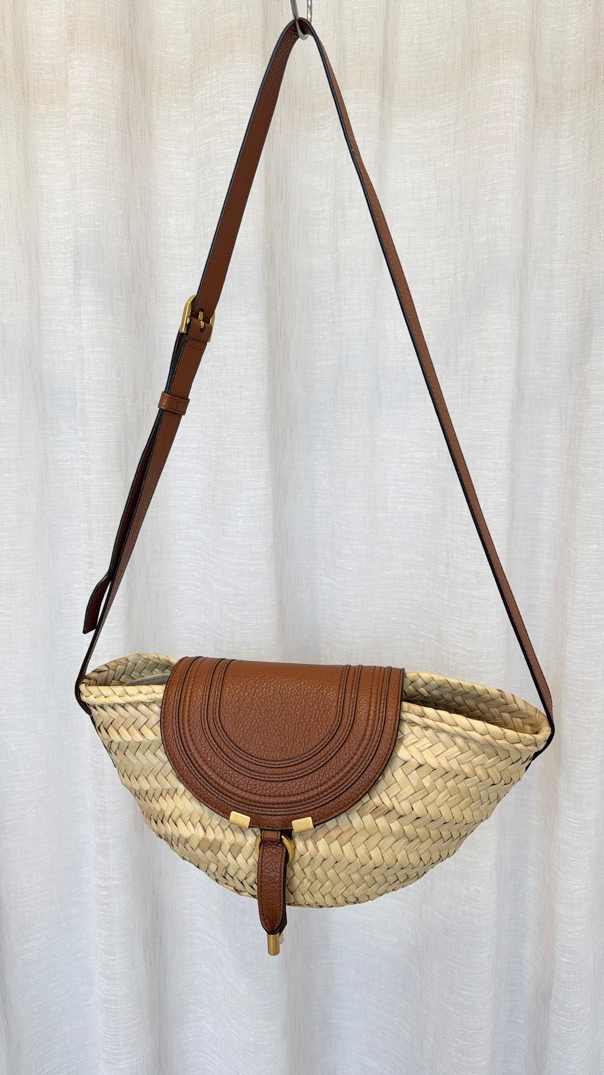 Chloé Raffia and Tan Leather Basket Shoulder Bag