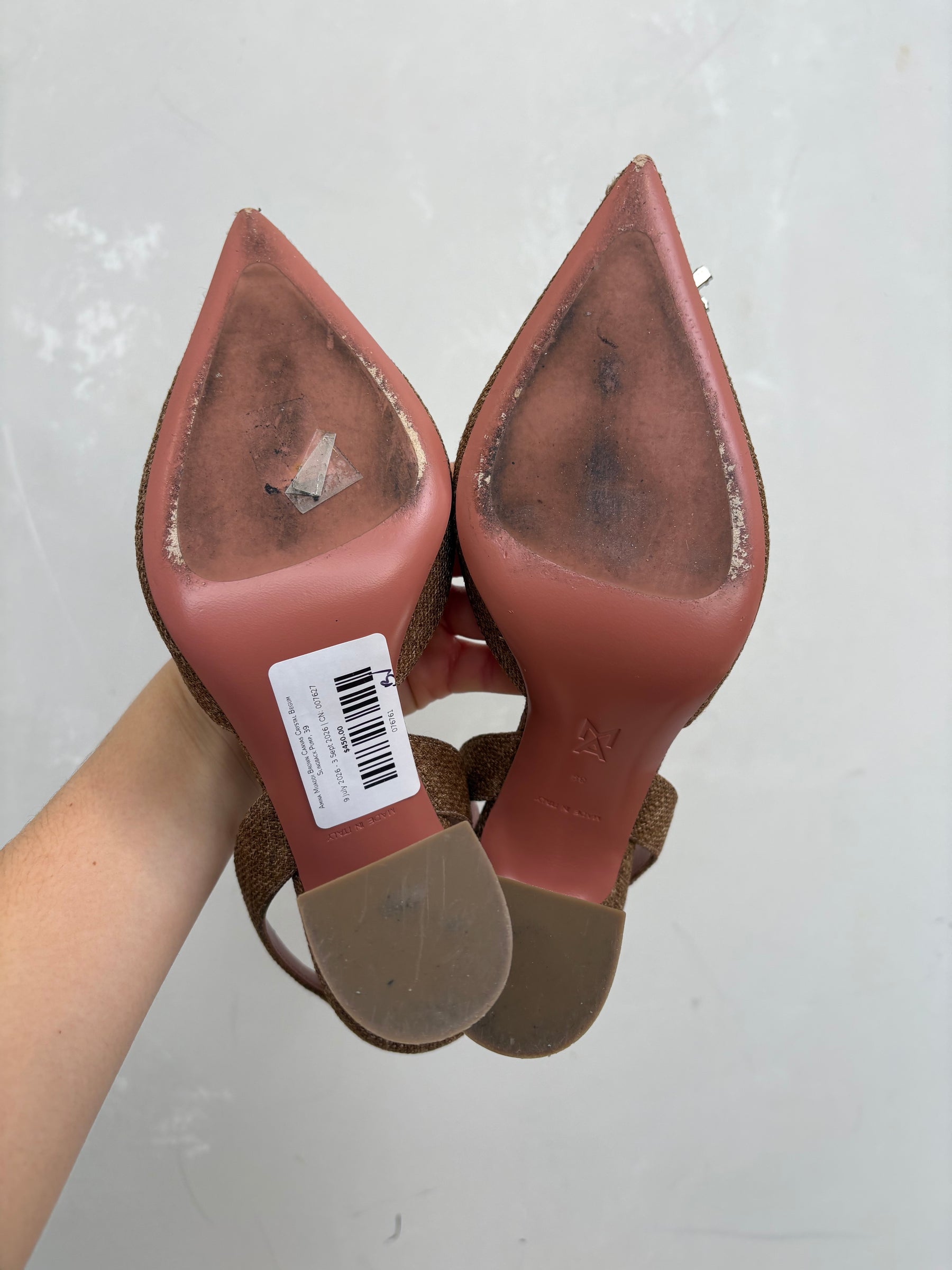Amina Muaddi Brown Canvas Crystal Begum Slingback Pump, 39