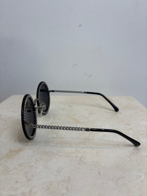Chanel Black and Silver Chain Detail Round Sunglasses with Neck Chain