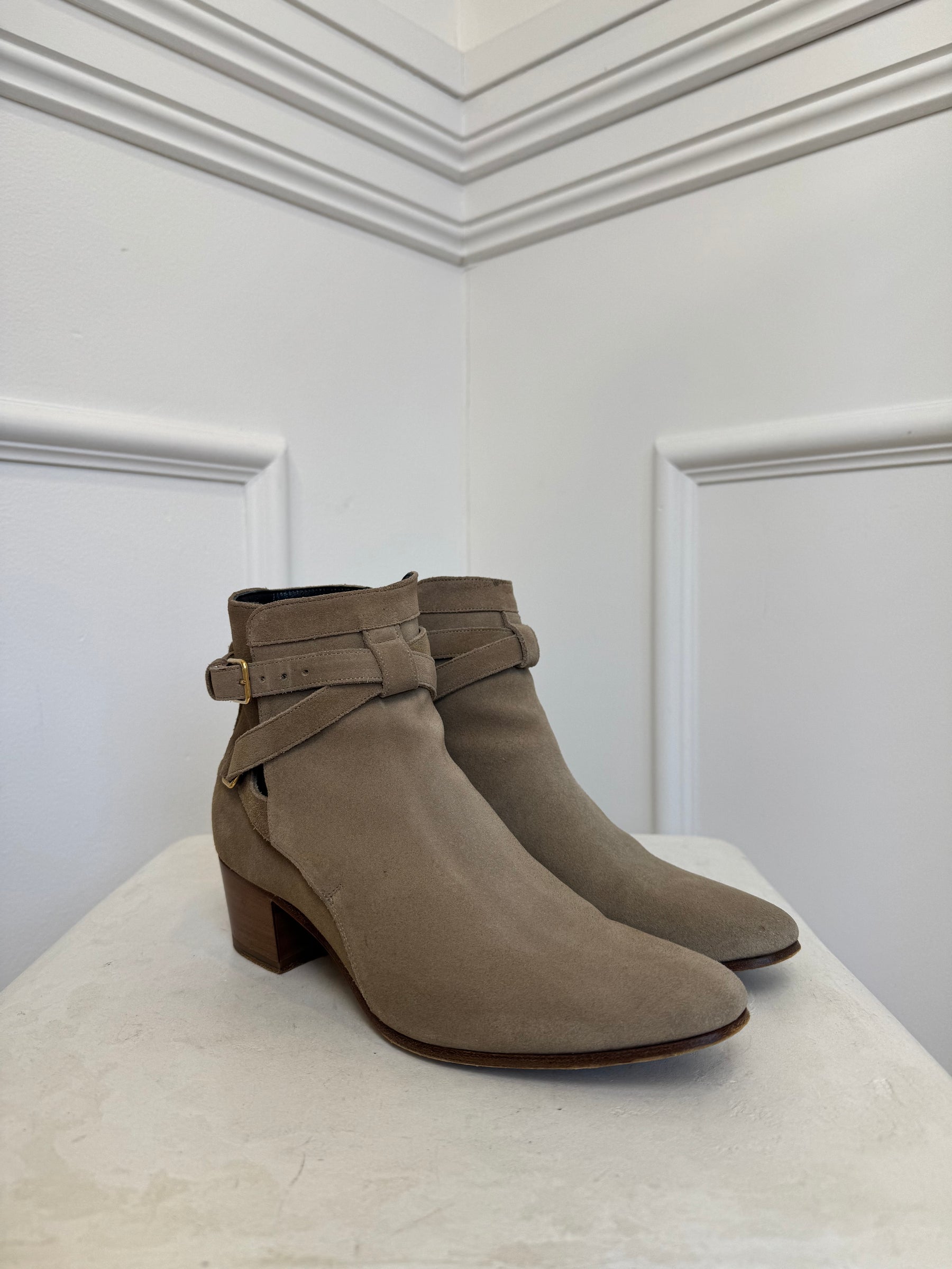 Saint Laurent Beige Suede Ankle Boots with Buckle, 38