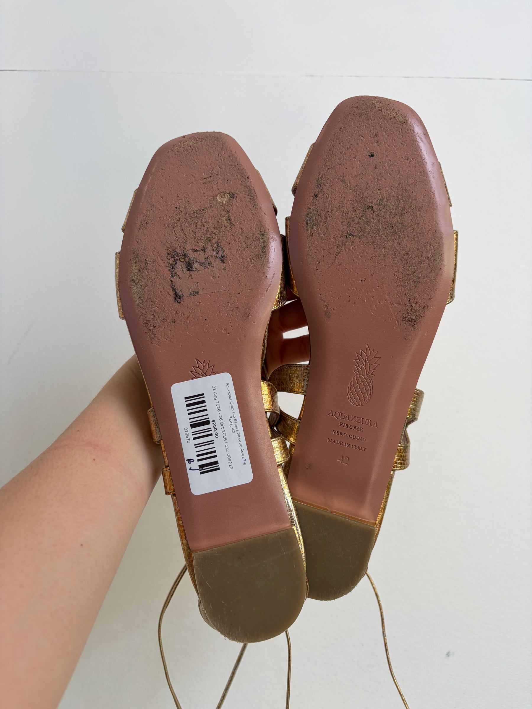 Aquazzura Gold and Bronze Metallic Ankle Tie Flats, 42
