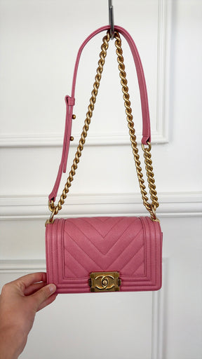 Chanel Pink Chevron Quilted Caviar Leather Small Boy Bag