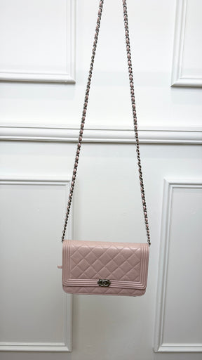 Chanel Baby Pink Iridescent Leather Boy Wallet On Chain