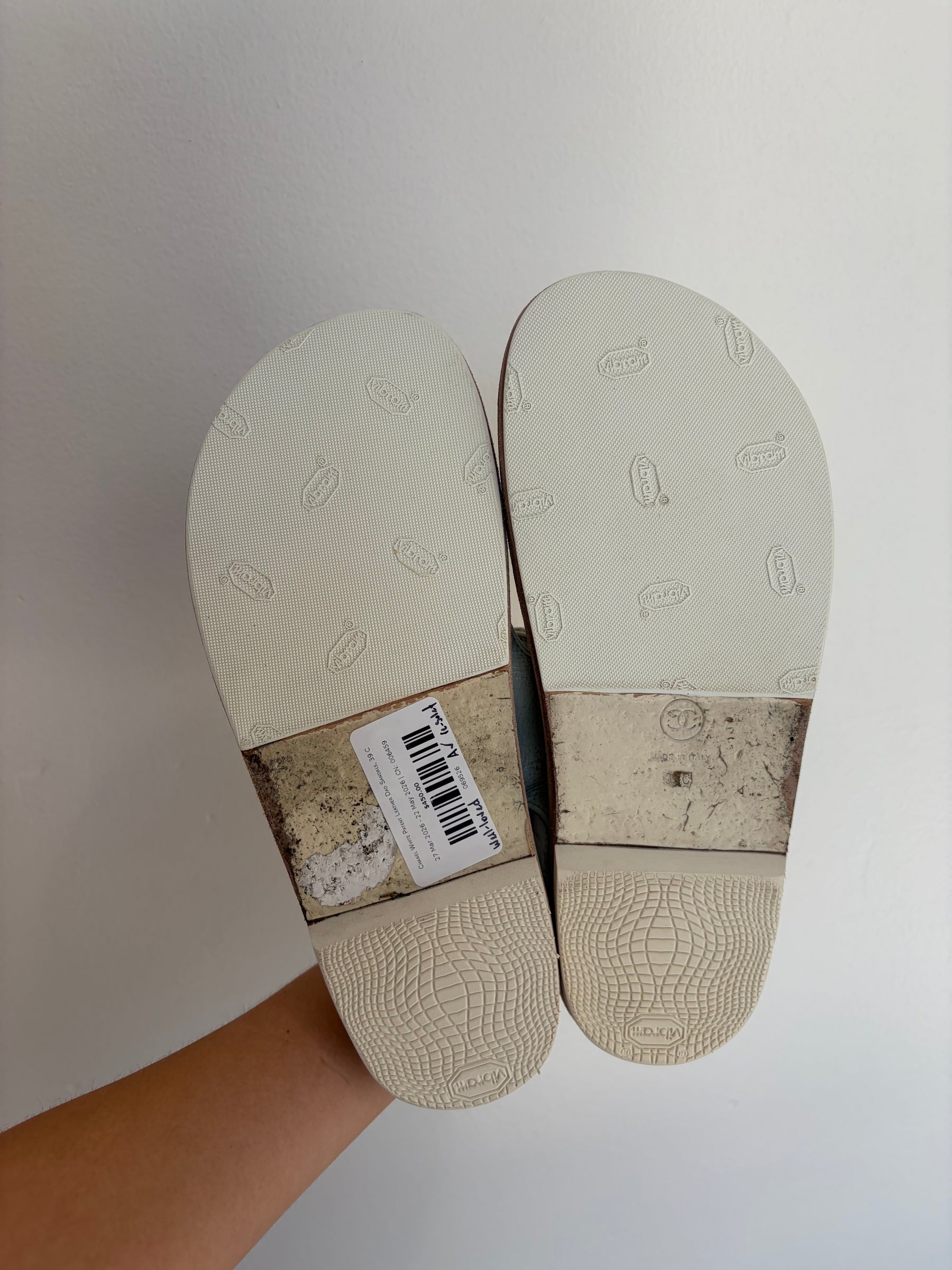 Chanel White Patent Leather Dad Sandals, 39 C