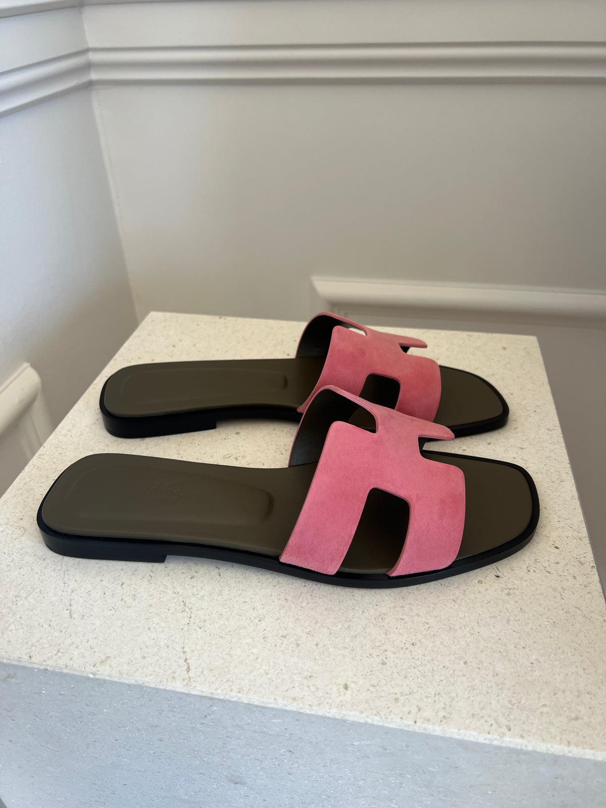 Hermès Pink Suede and Khaki Oran Sandals, 37.5