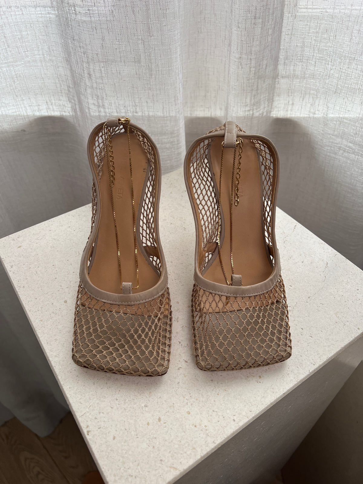 Bottega Veneta Beige Net Chain Heels, 37
