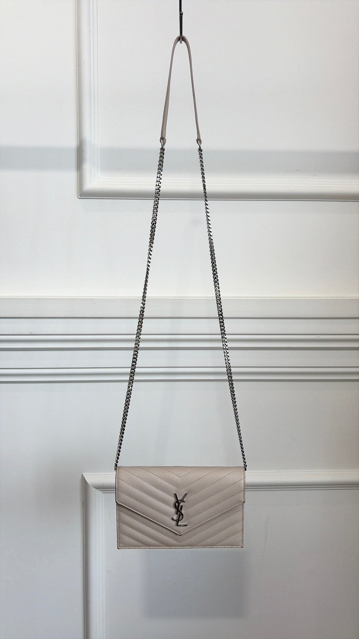 Saint Laurent Beige Grained Leather Envelope Chain Wallet