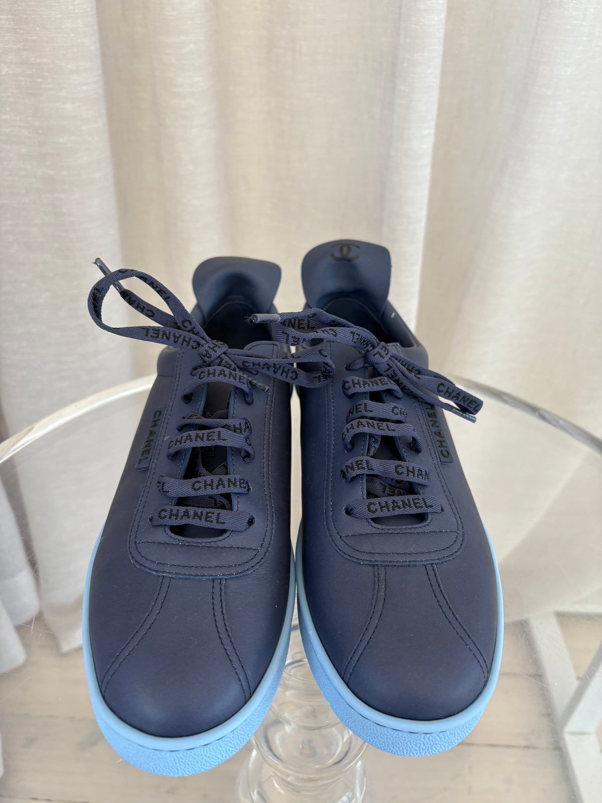 Chanel Navy Leather Logo Lace Sneaker, 40