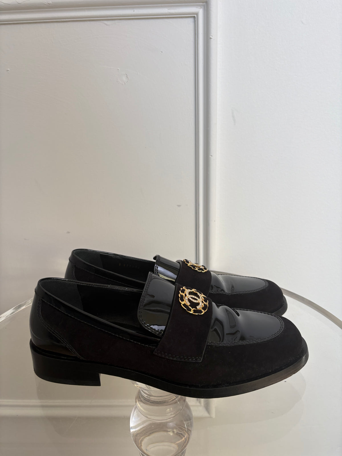 Chanel CC Black Patent And Suede Loafers, 39.5 C