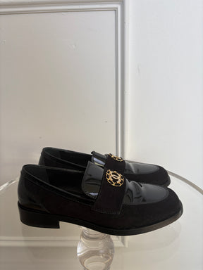 Chanel CC Black Patent And Suede Loafers, 39.5 C