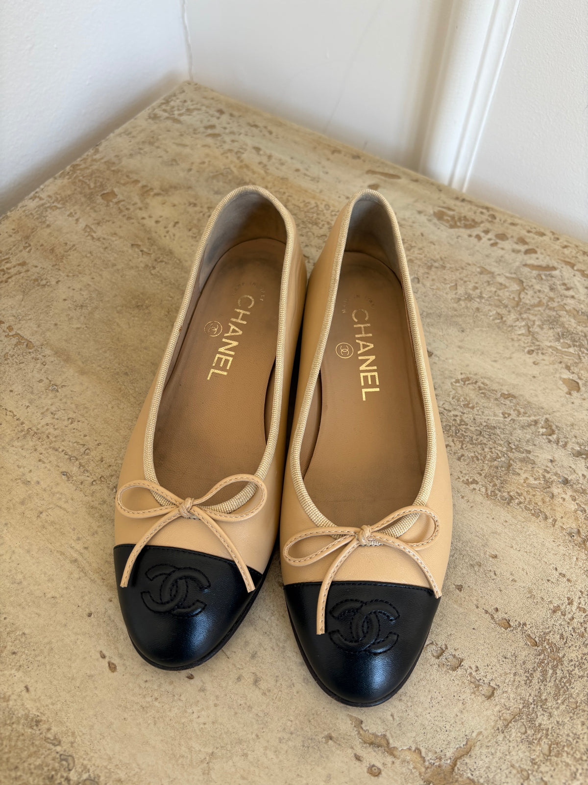 Chanel Beige and Black Leather Ballet Flats, 35.5