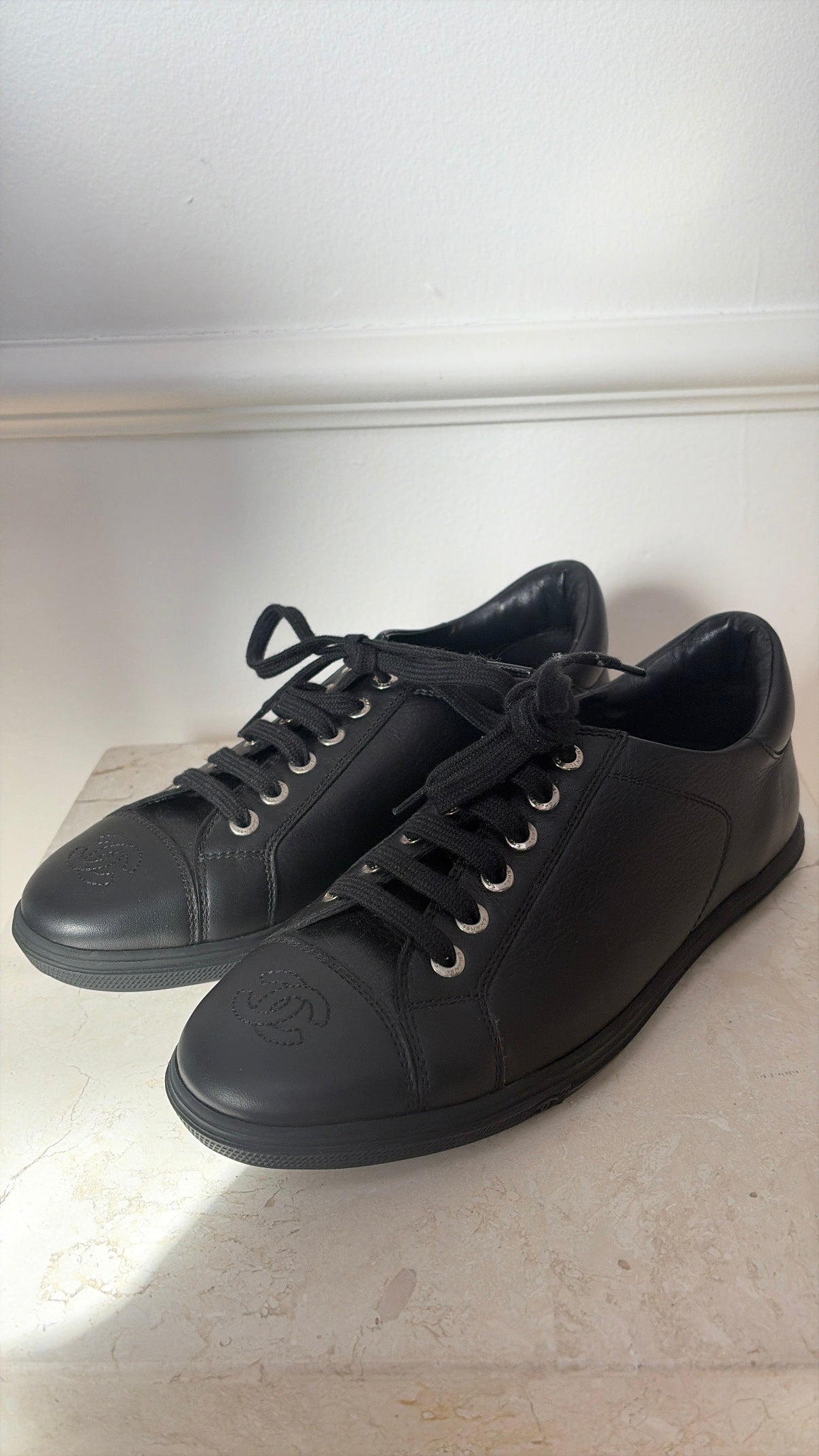 Chanel Uniform Black Leather Sneakers, 36