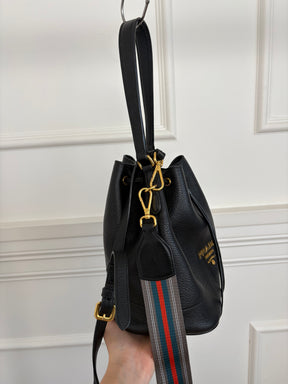 Prada Black Grained Leather Logo Bucket Bag