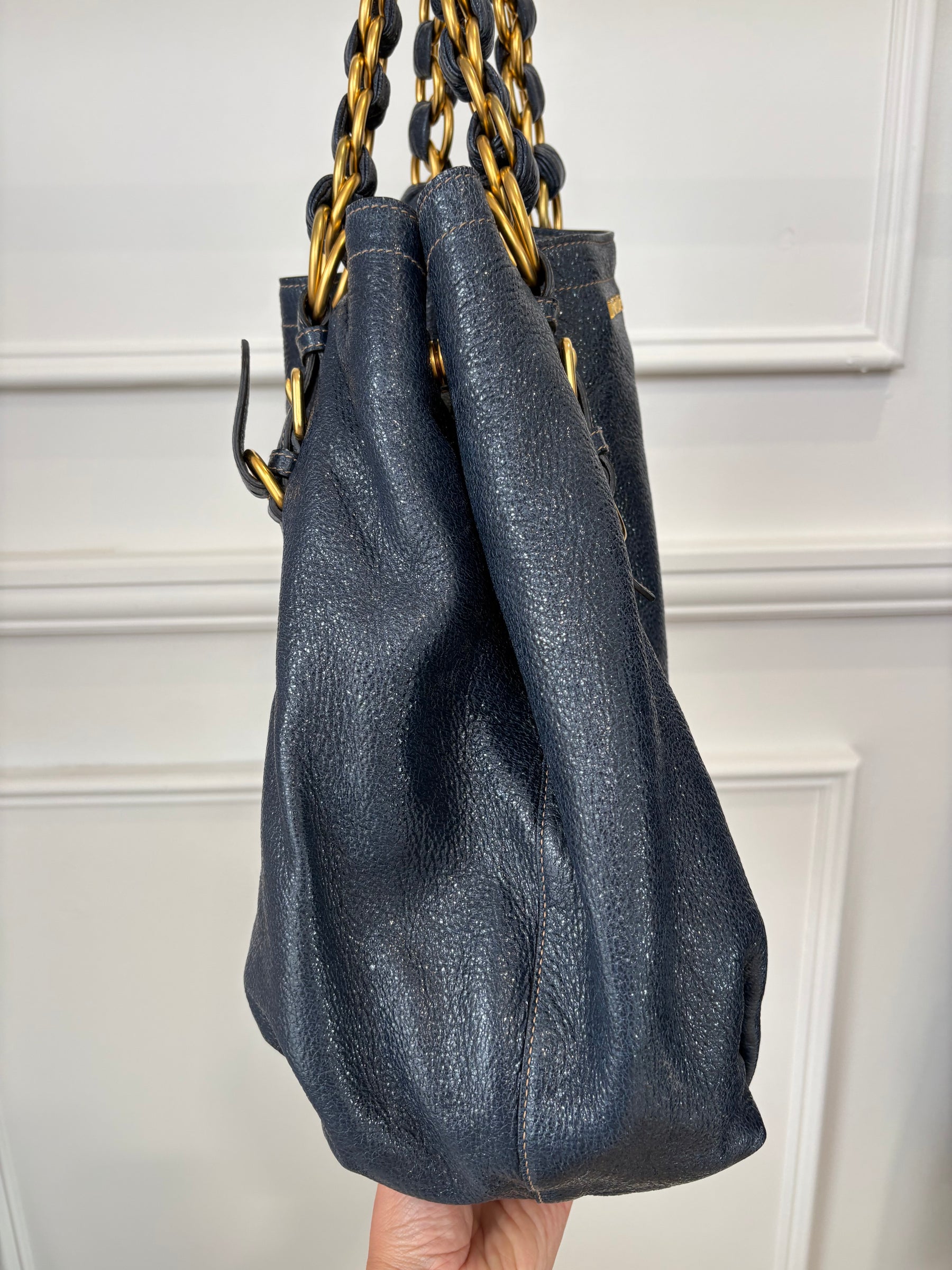 Prada Navy Craquele Cervo Lux Chain Tote Bag