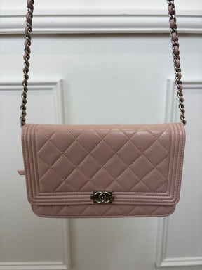 Chanel Baby Pink Iridescent Leather Boy Wallet On Chain