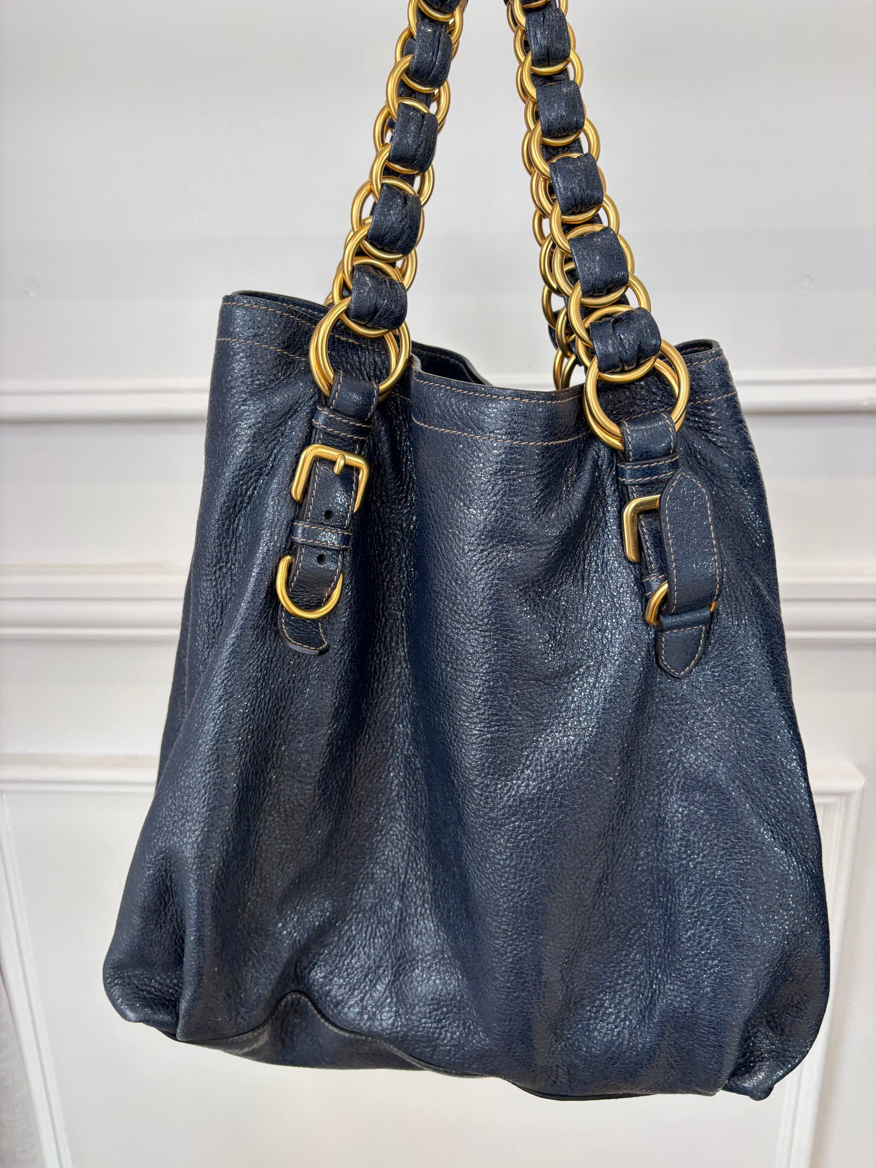 Prada Navy Craquele Cervo Lux Chain Tote Bag