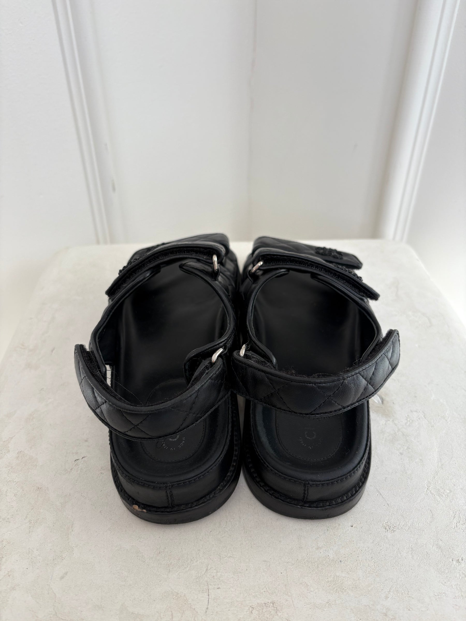 Chanel Black on Black Quilted Leather Dad Sandals, 39C