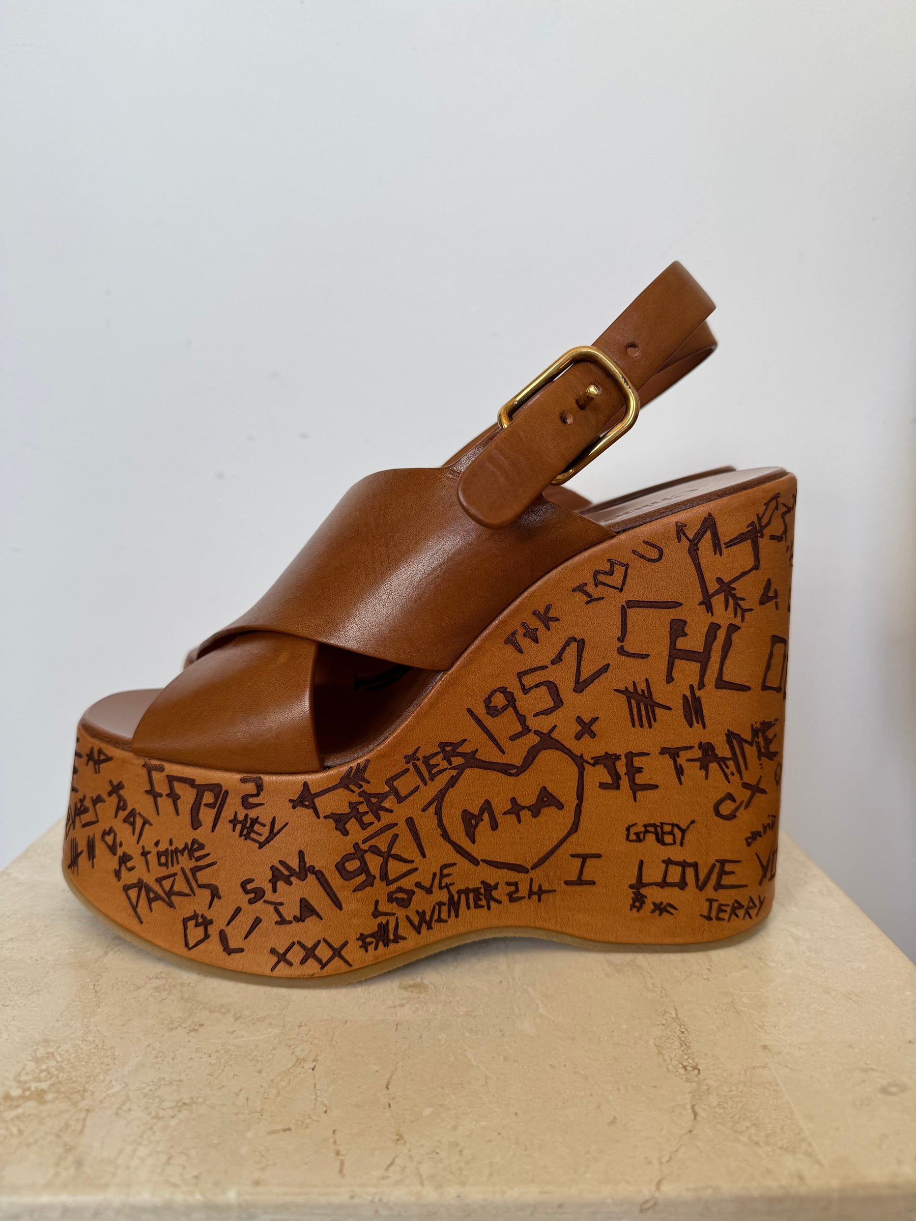 Chloé Tan Leather Maxime Platform Wedges, 38