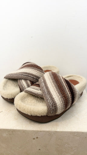 Chloé Brown and Cream Knit Shearling Wavy Slides, 37