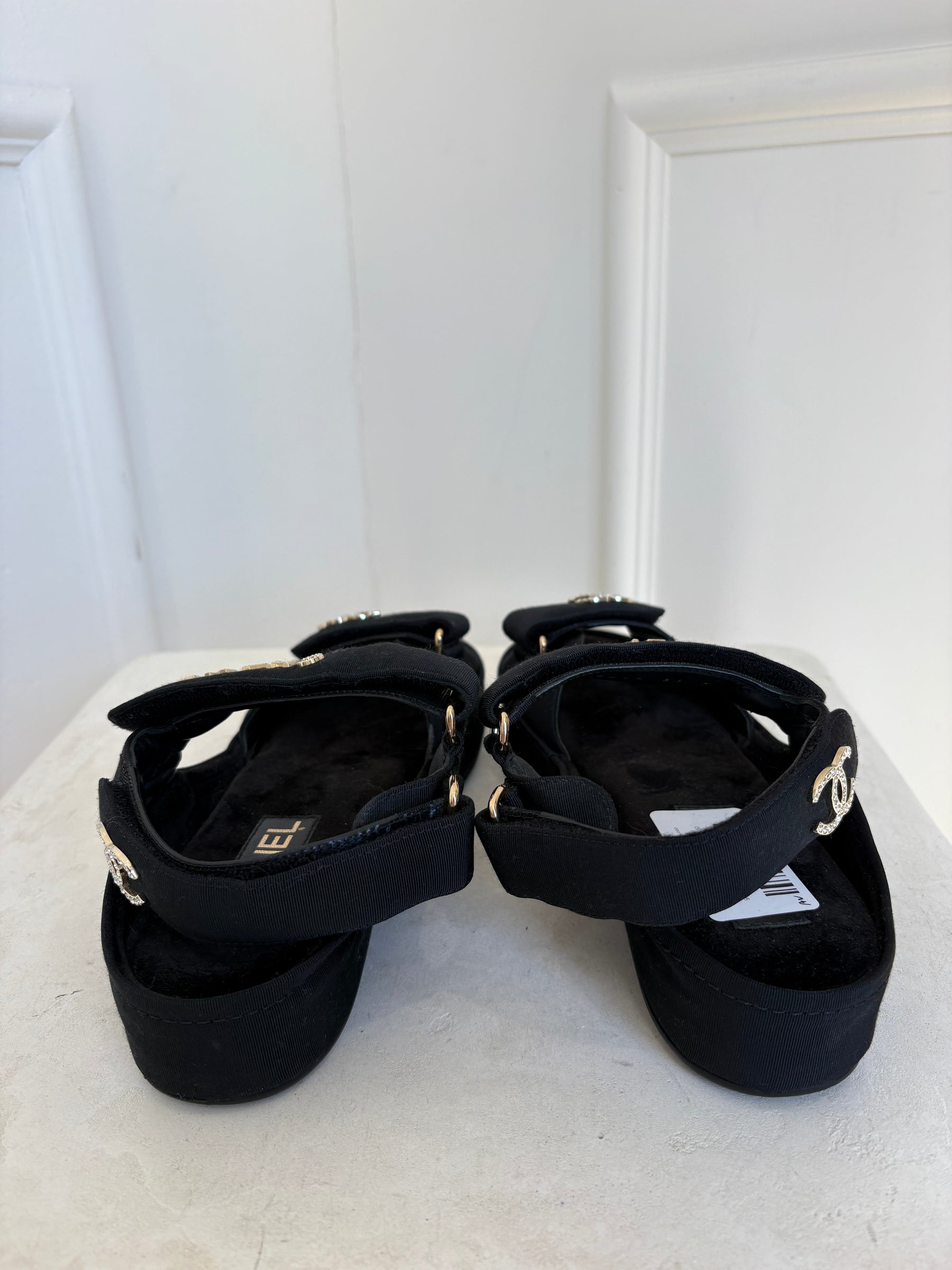Chanel Black Canvas Platform Crystal Logo Sandals, 36C