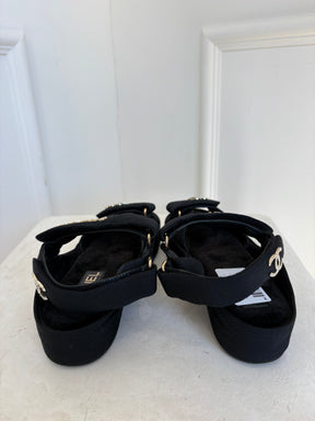 Chanel Black Canvas Platform Crystal Logo Sandals, 36C