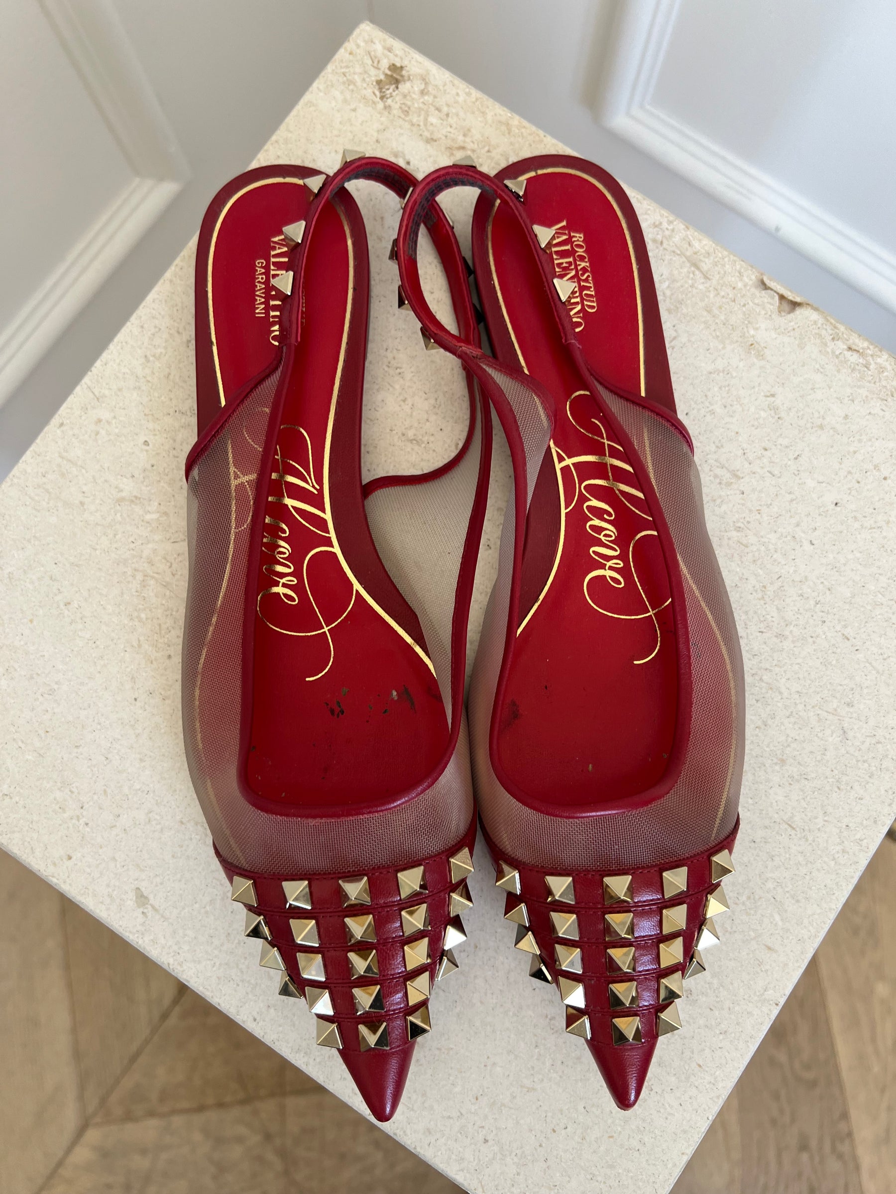 Valentino Garavani Red Leather and Mesh Rockstud Pointed Flats, 41
