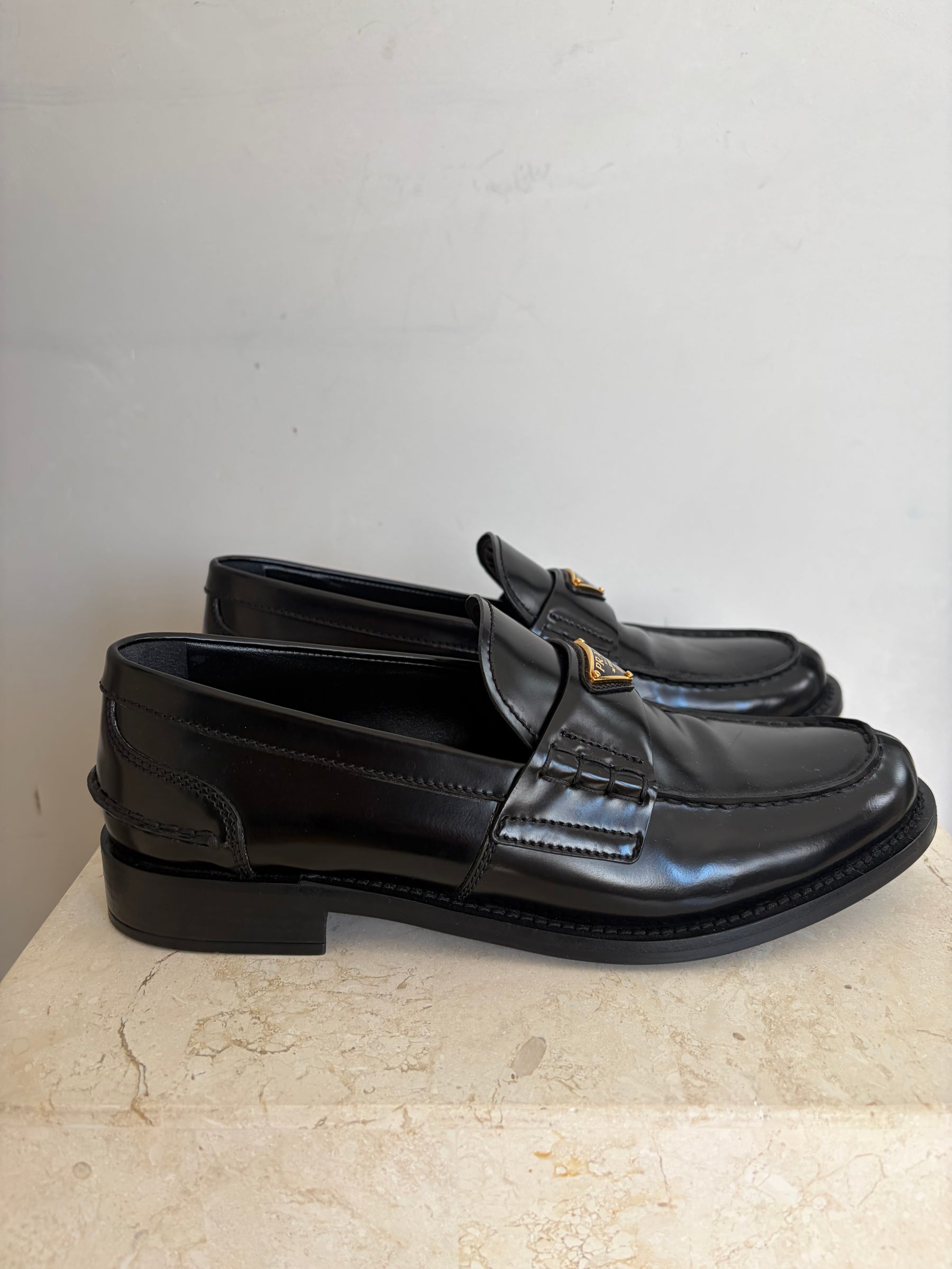 Prada Black Brushed Leather Logo Loafer, 37.5
