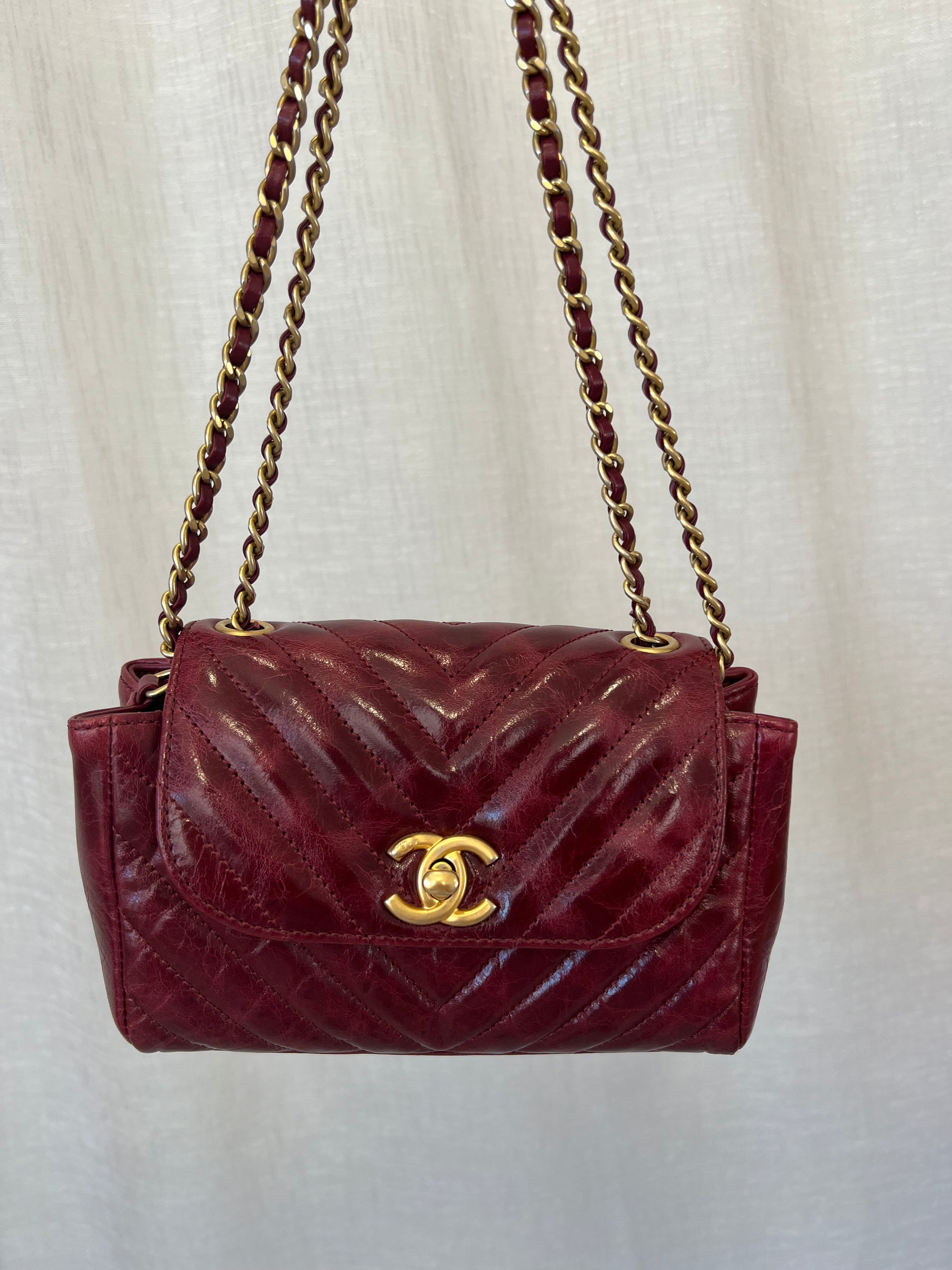 Chanel Merlot Distressed Mini Flap Bag With Gold Hardware