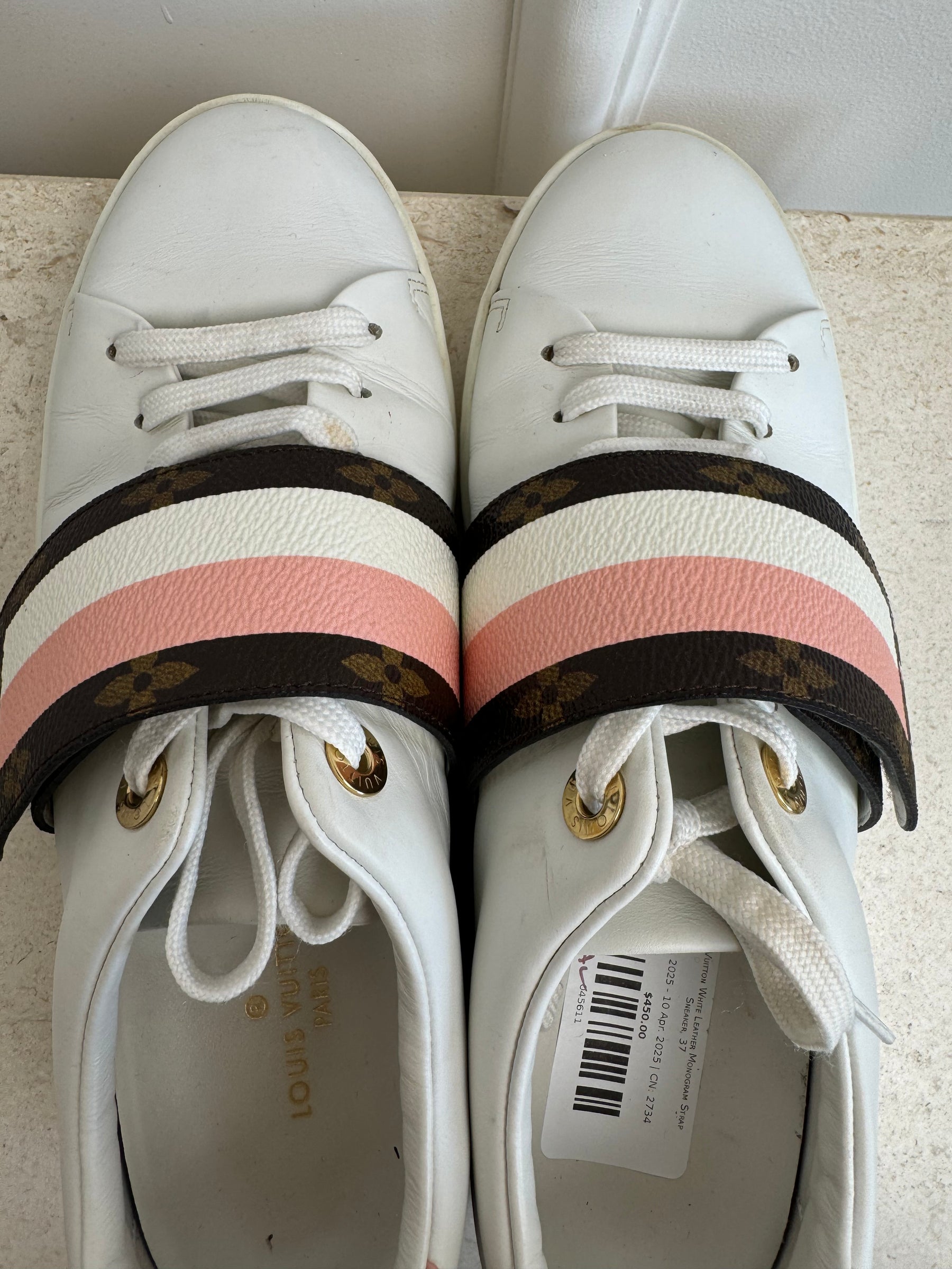 Louis Vuitton White Leather Monogram Strap Sneaker, 37