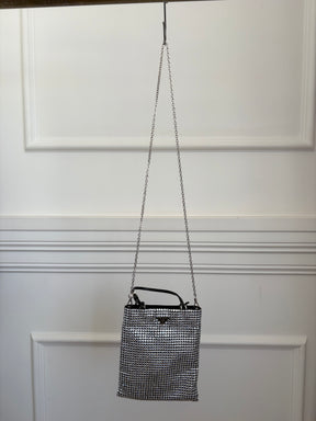 Prada Satin Crystal Embellished Flat Tote with Shoulder Chain