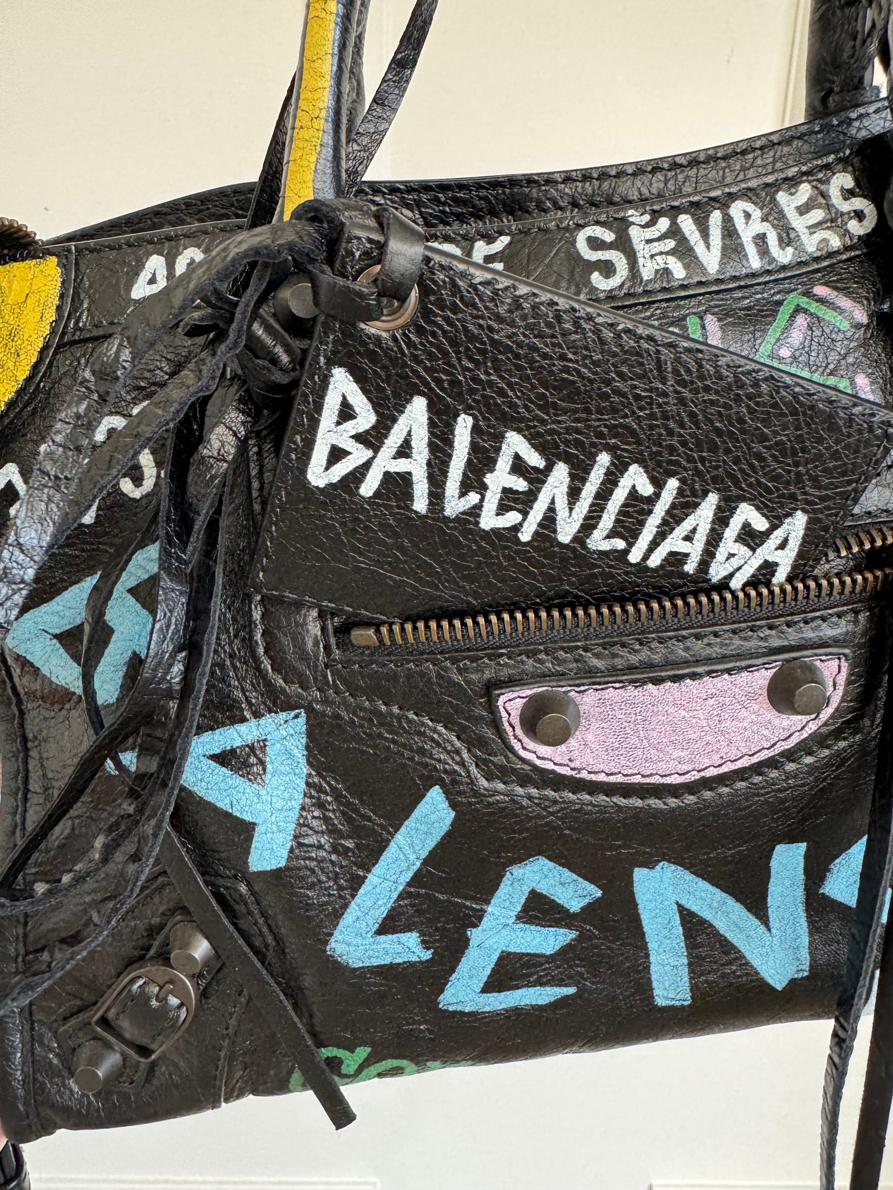 Balenciaga Black Crinkled Leather Graffiti Print City Bag