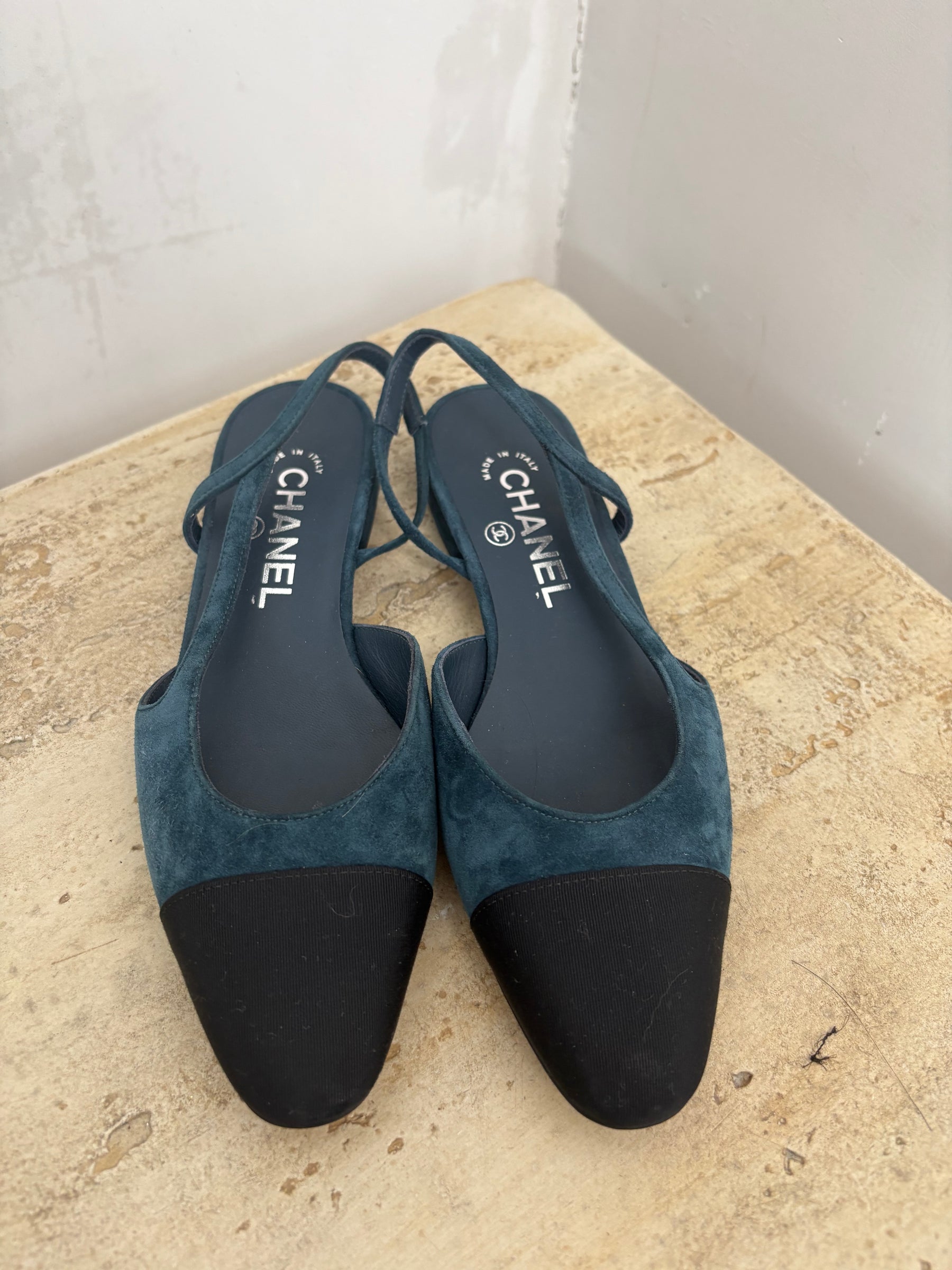 Chanel Teal Suede Slingback Flats, 36 C