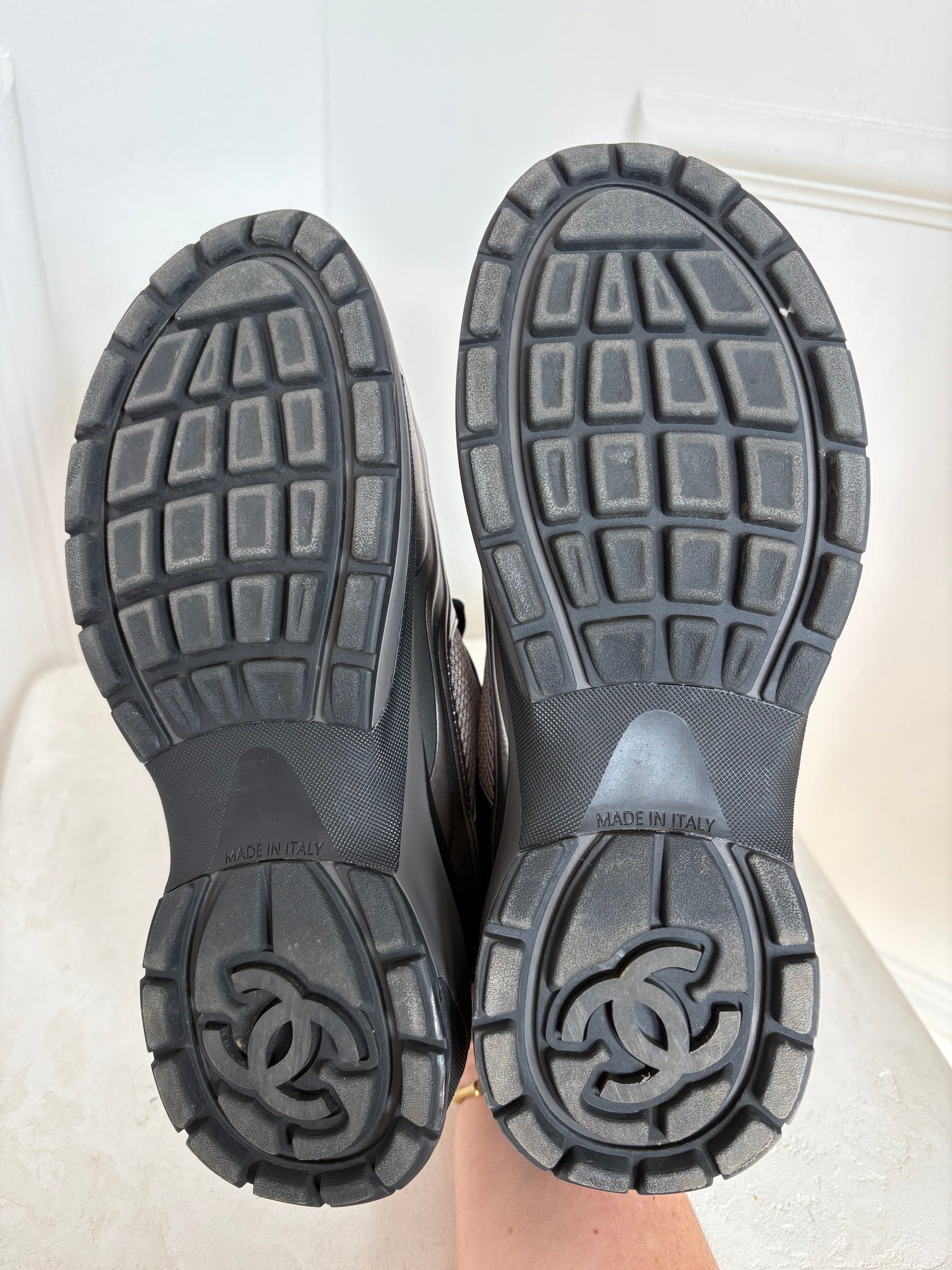 Chanel Silver, Bronze and Grey Metallic Logo Sneakers, 38