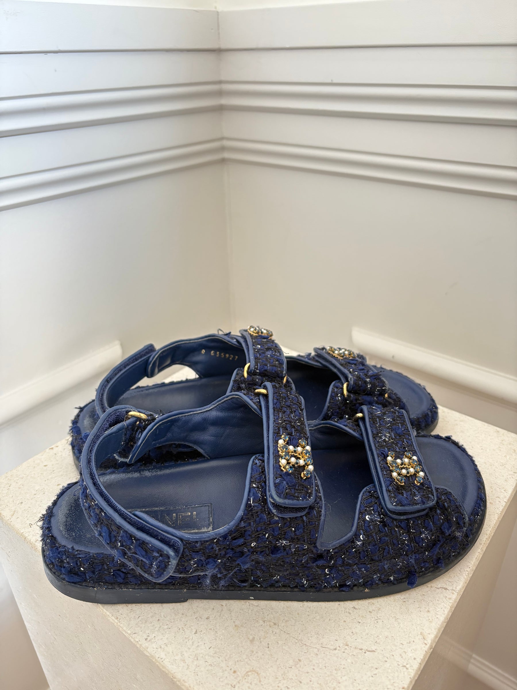 chanel Dark Blue Black Tweed Dad Sandals With Peal Details, 39.5