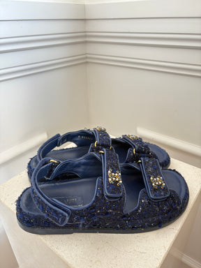 chanel Dark Blue Black Tweed Dad Sandals With Peal Details, 39.5
