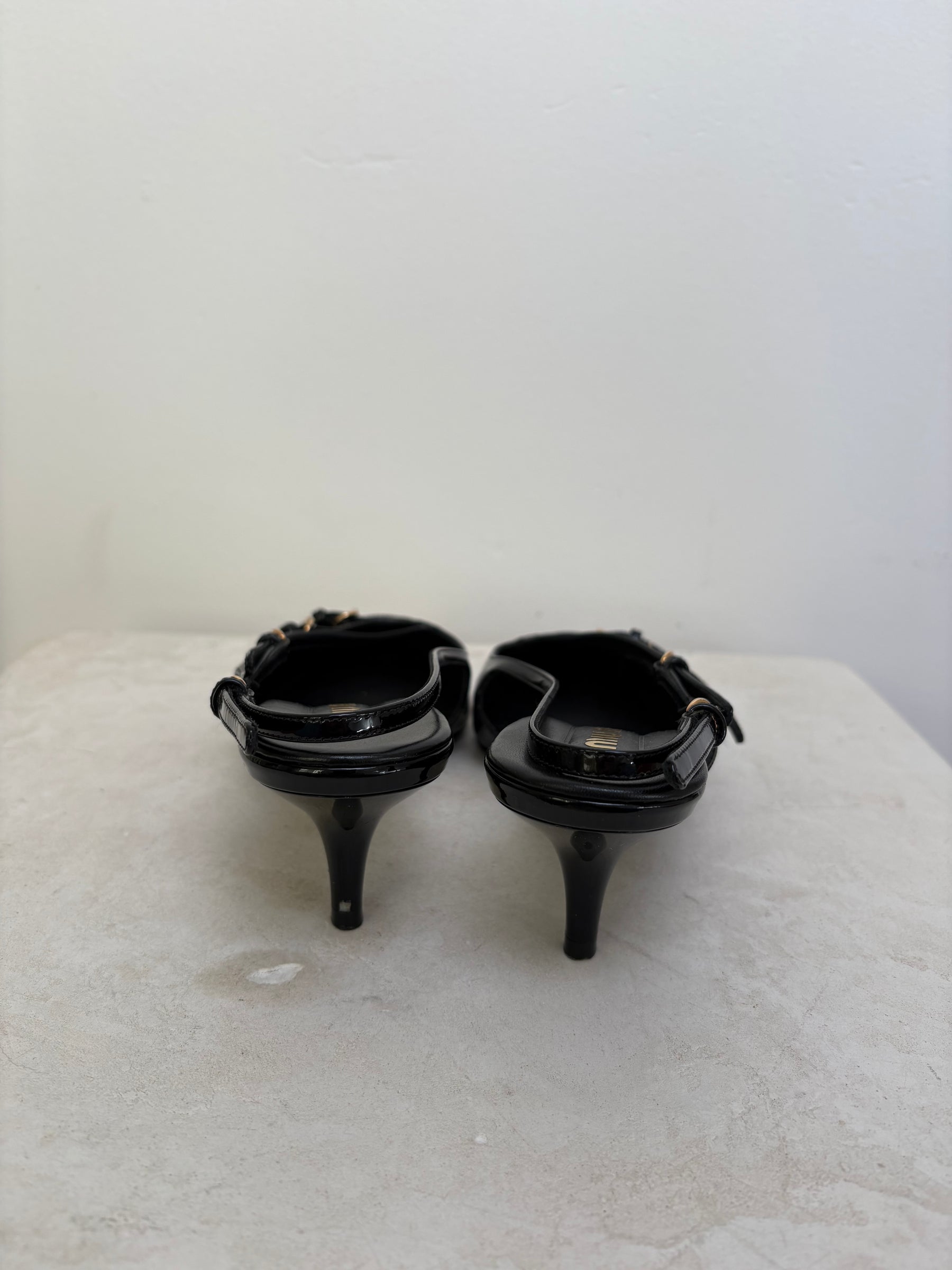 Miu Miu Black Patent Leather Singback Heels With Buckles 7cm, 38