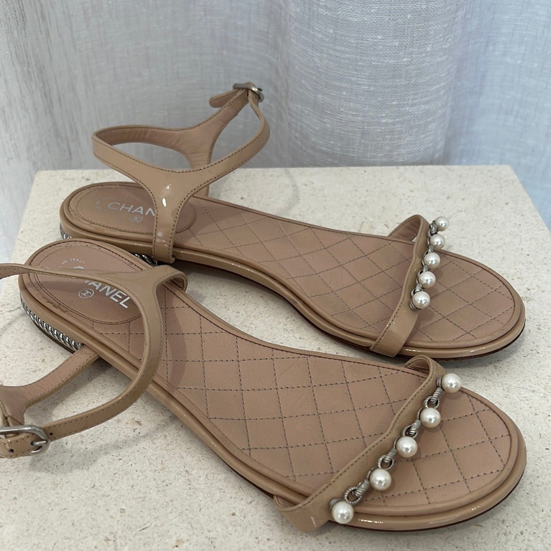Chanel Nude Pearl Detail Sandals, 37.5