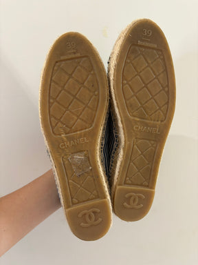 Chanel Blue and White Canvas Striped Logo Espadrilles, 39