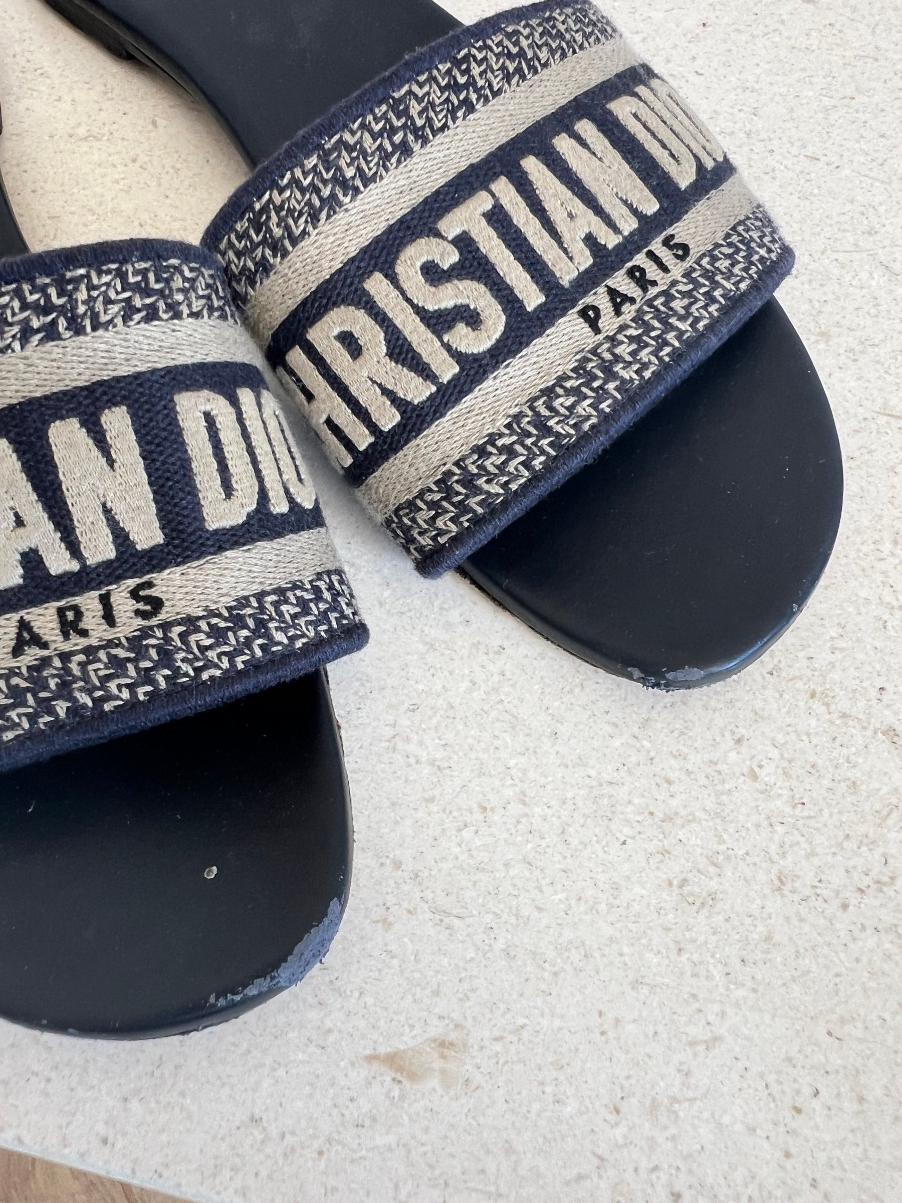 Dior Navy Logo D Way Slides, 37.5