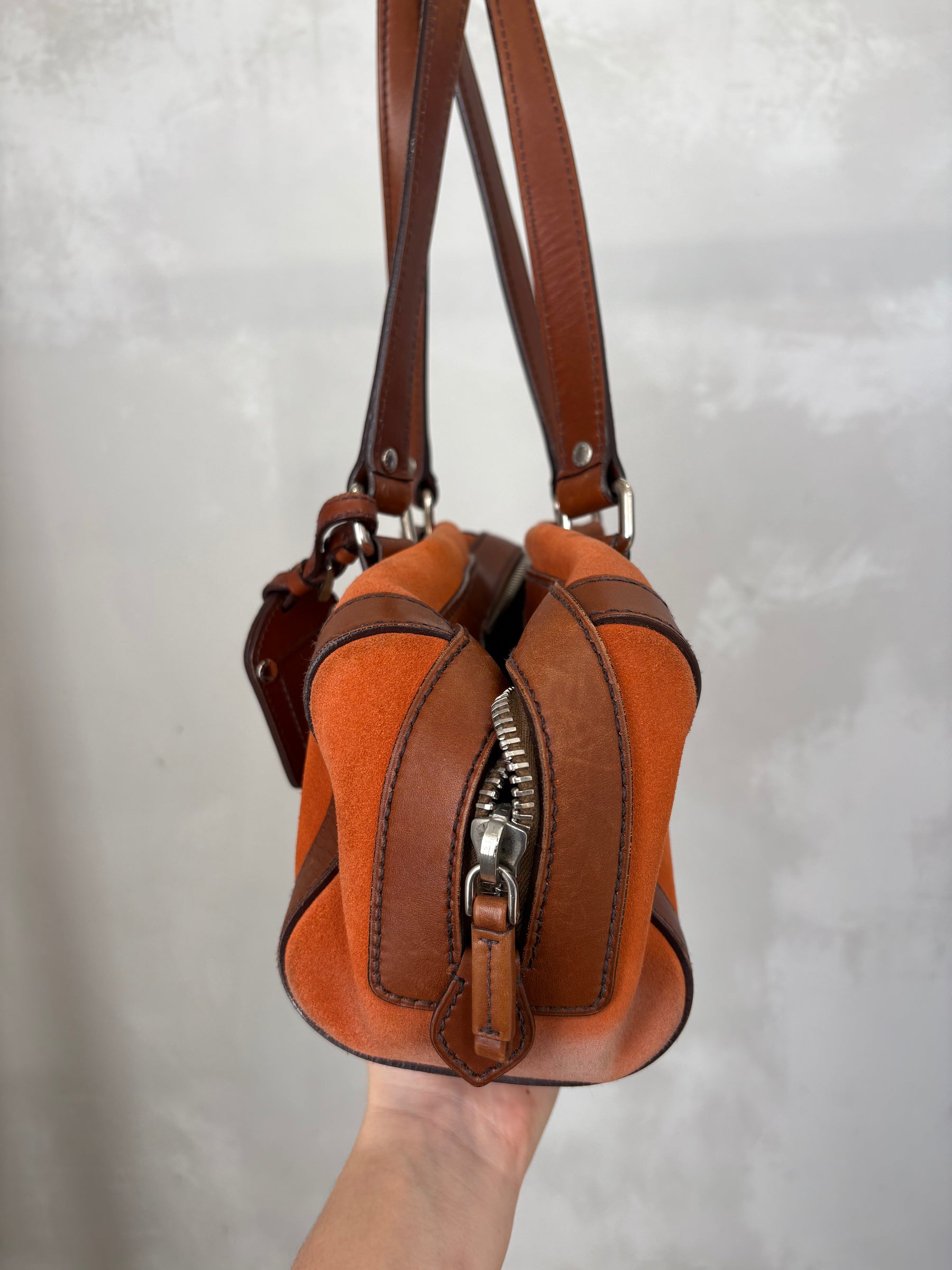 Prada Orange Suede and Brown Leather Bowling Bag