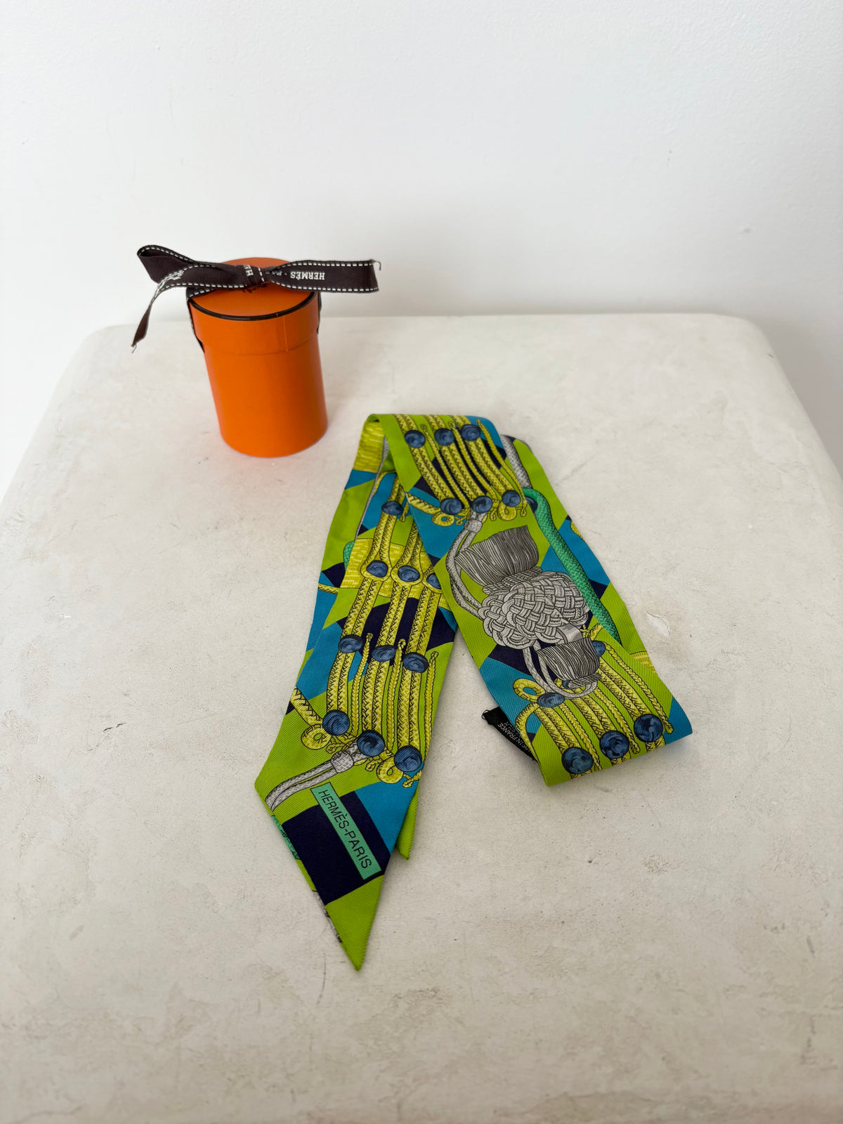 Hermès Green and Lime and Blue Equestrian Printed Twilly