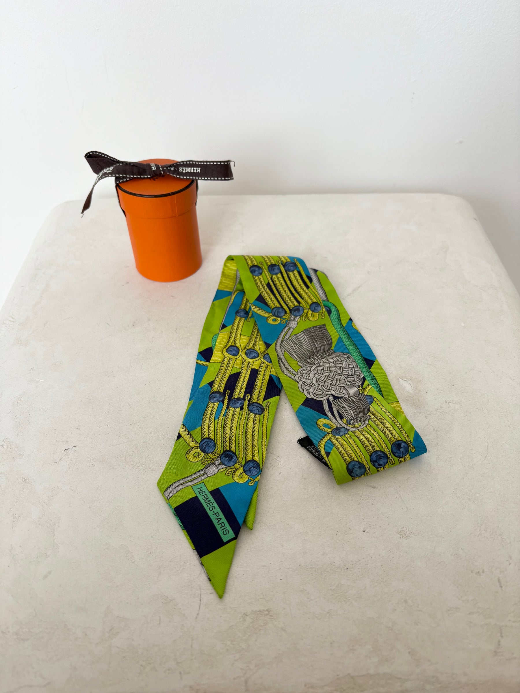 Hermès Green and Lime and Blue Equestrian Printed Twilly