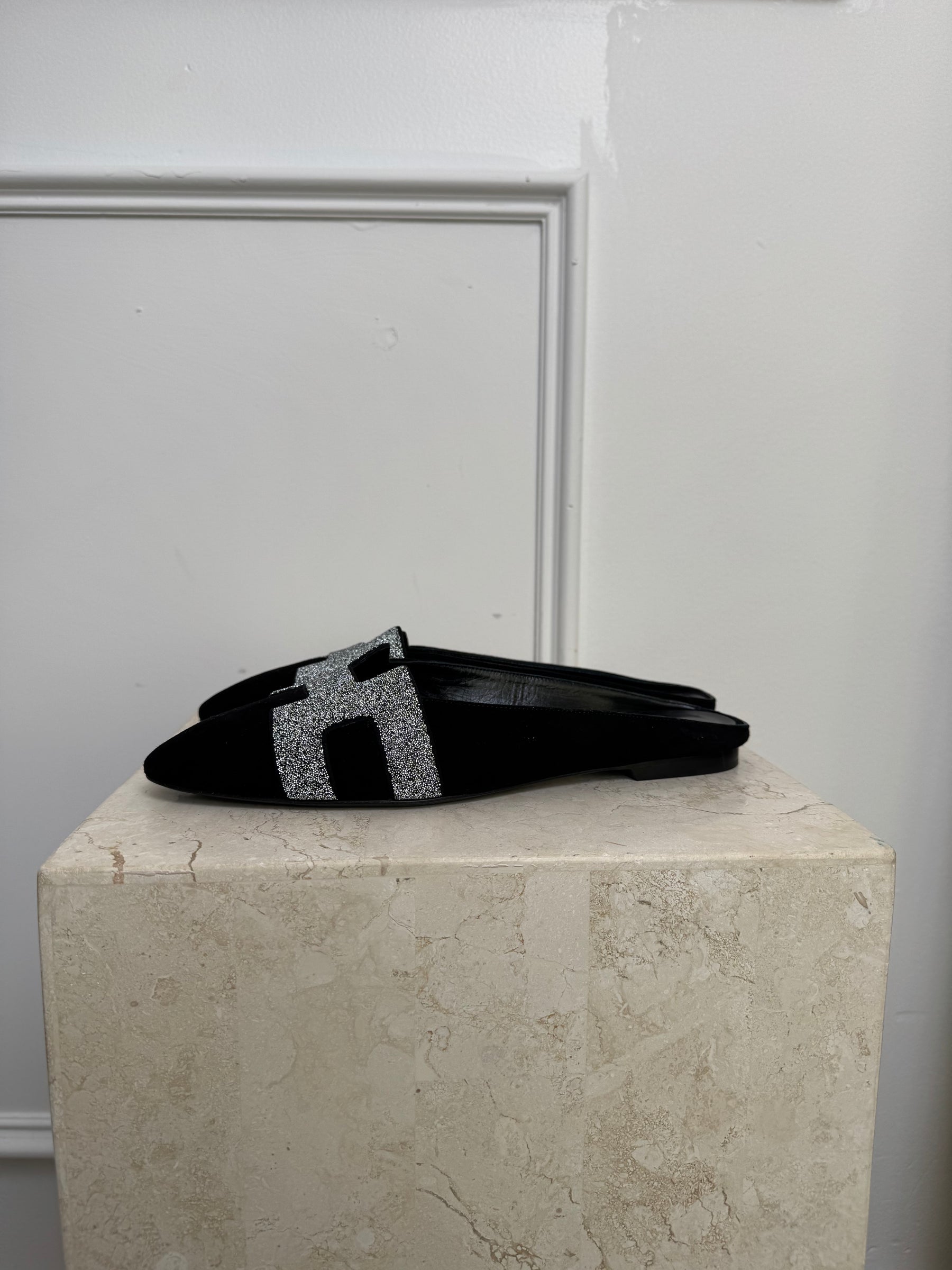 Hermès Black Suede and Glitter Roxanne Mules