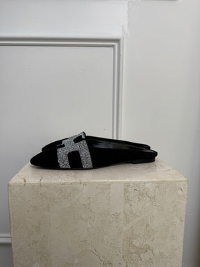 Hermès Black Suede and Glitter Roxanne Mules