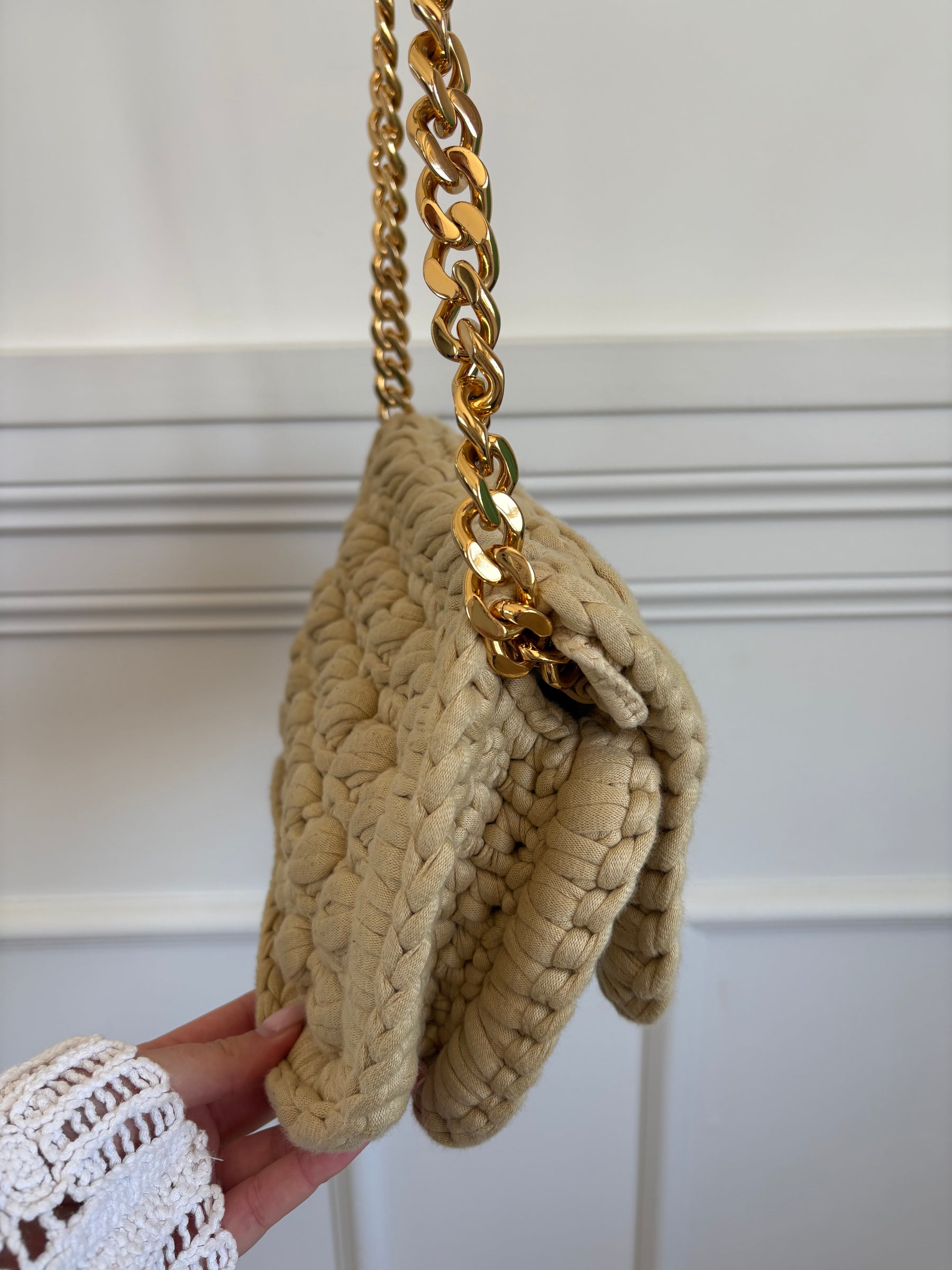 Bottega Veneta Beige Jersey Crochet Chain Bag