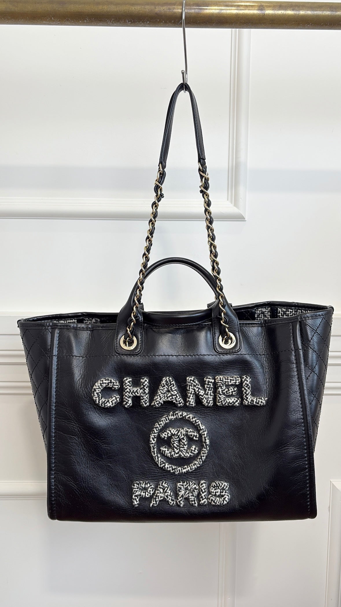 Chanel Black Leather Deauville with Tweed Logo and Lining