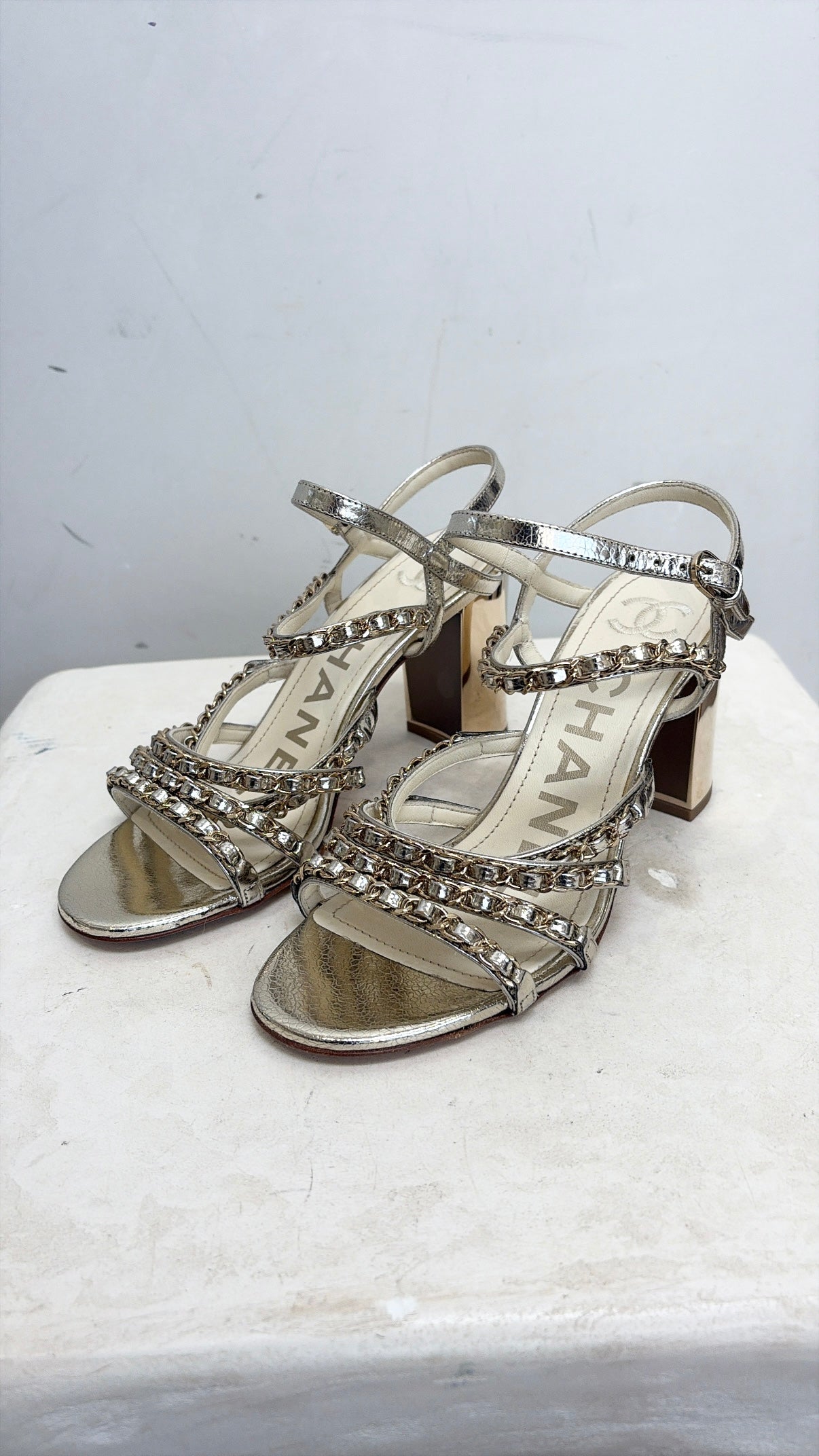 Chanel Champagne Leather Chain Strappy Heels, 37.5 C