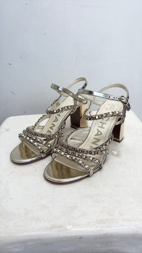 Chanel Champagne Leather Chain Strappy Heels, 37.5 C